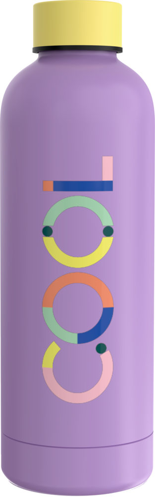 Lila Isolierflasche mit der Aufschrift „Cool“ in bunten geometrischen Buchstaben an der Seite und einem gelben Deckel.