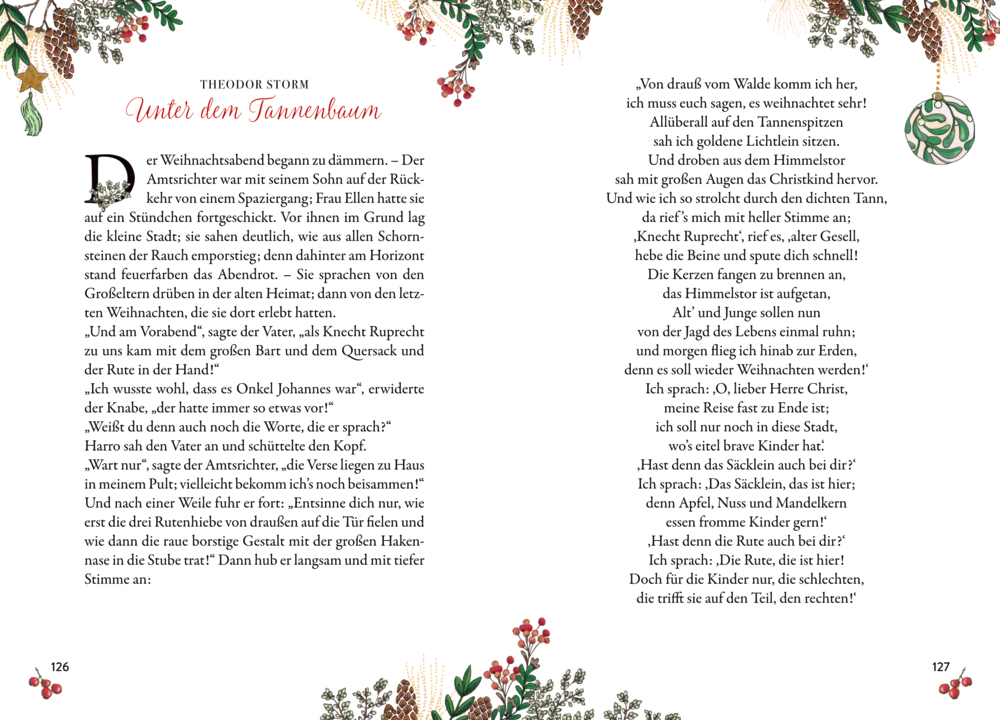 Doppelseitige Buchseite mit dem Text „Unter dem Tannenbaum“ von Theodor Storm, verziert mit weihnachtlichen Zweigen und Beeren.