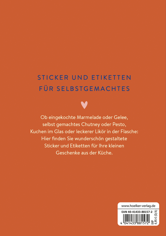 Rückseite des Etiketten-Büchleins mit orangefarbenem Hintergrund, blauem und weißem Text sowie kleinem Herzsymbol.
