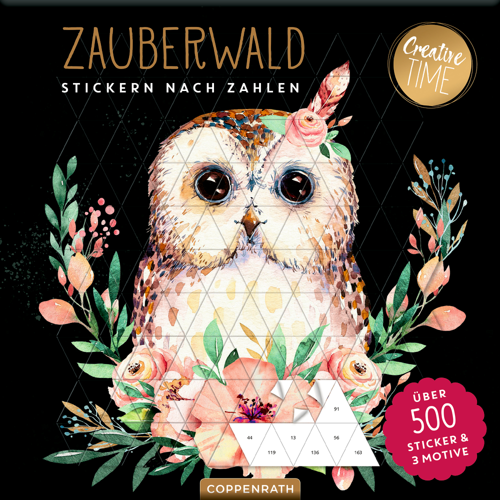 Aquarell-Eule mit Blumen, geometrischem Aufkleberdiagramm auf dem Körper,  Text und goldenen Akzenten.