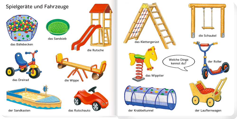 AUf einer Kinderbuchseite mit Beschriftungen werden verschidene Gegenstände abgebildet wie eine Rutsche, ein Dreirad, ein Sandkasten, eine Wippe, eine Schaukel und mehr.