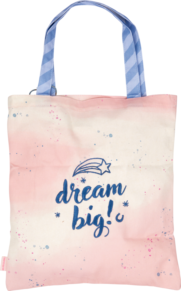 Rosa-weiße Tragetasche aus Baumwolle mit blauen Griffen, dem Text „Dream Big!“, einer Sternschnuppe und blauen Farbspritzern.