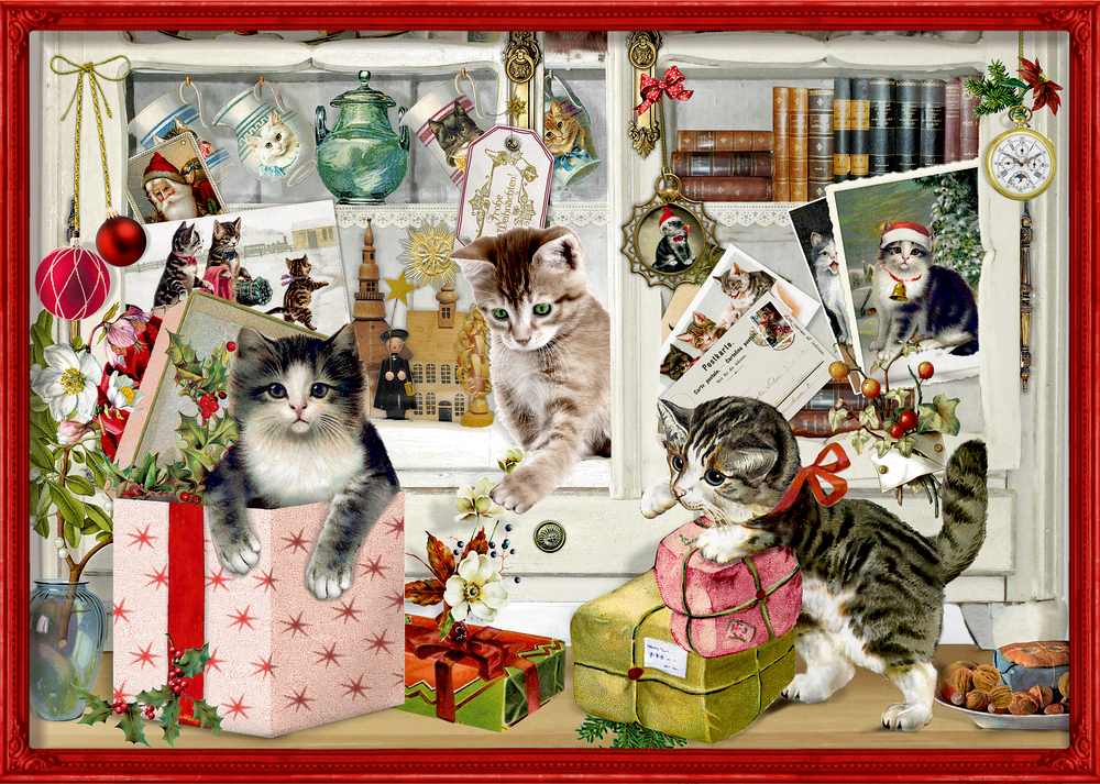 Drei Kätzchen spielen zwischen Weihnachtsgeschenken, Karten und Vintage-Dekorationen in einem festlich gestalteten Raum.