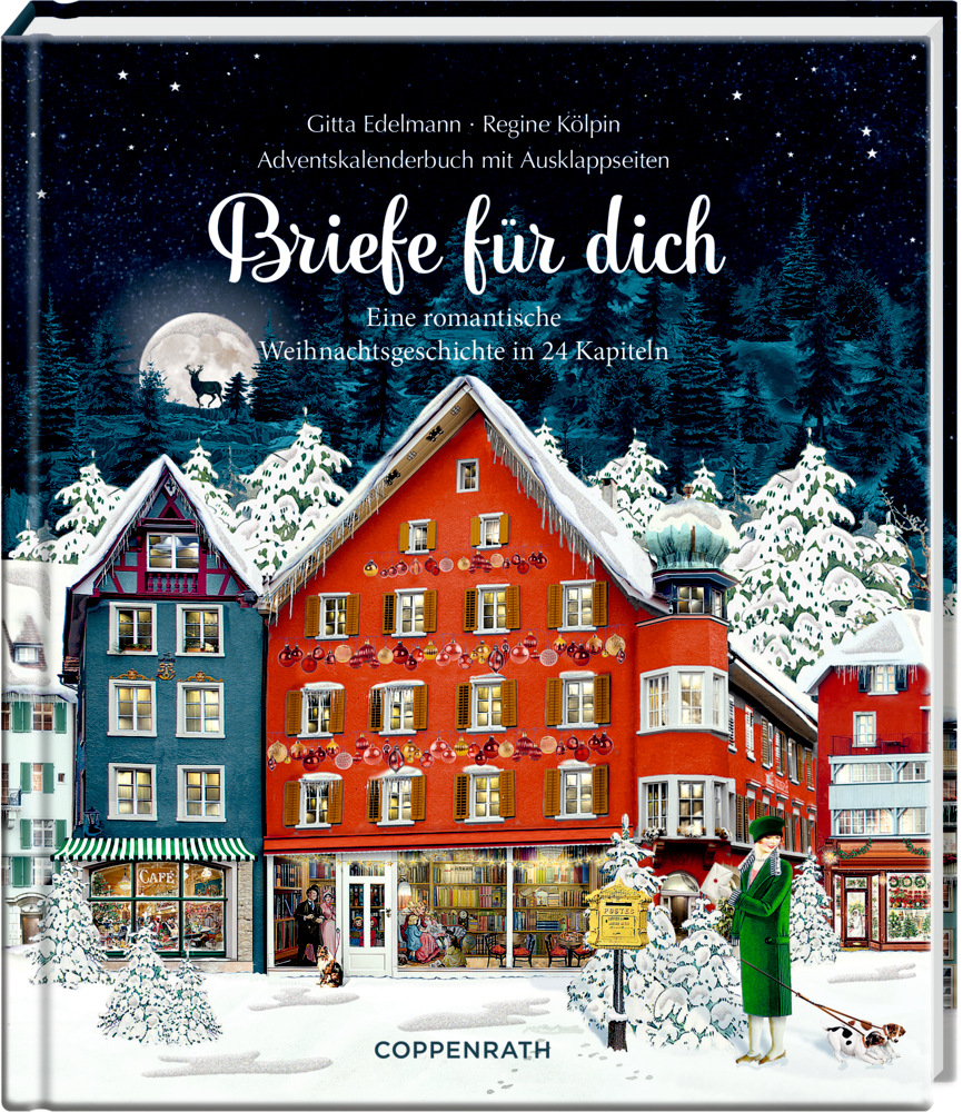 Verschneites Dorf bei Nacht mit bunten Häusern, Weihnachtsbäumen und festlicher Dekoration. Auf dem Cover der Text Briefe für dich"."