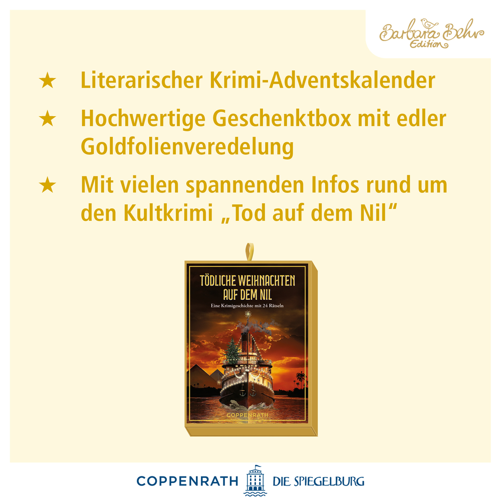 Adventskalender in goldfarbener Schachtel mit Buchcover-Motiv eines Schiffes auf dem Nil bei Sonnenuntergang.