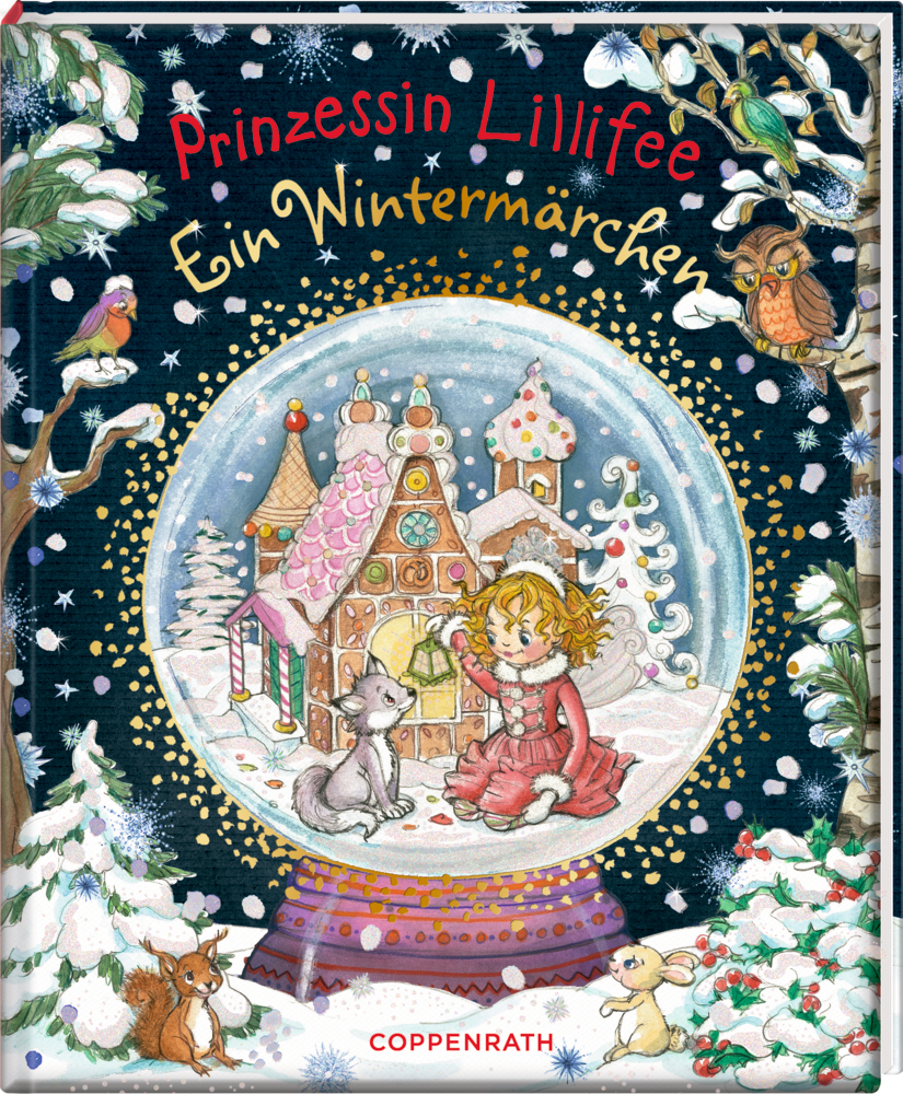 Ein Mädchen und Tiere sitzen neben einem Lebkuchenhaus in einer Schneekugel, umgeben von einer verschneiten Winterlandschaft, auf dem Cover von "Prinzessin Lillifee - Ein Wintermärchen".