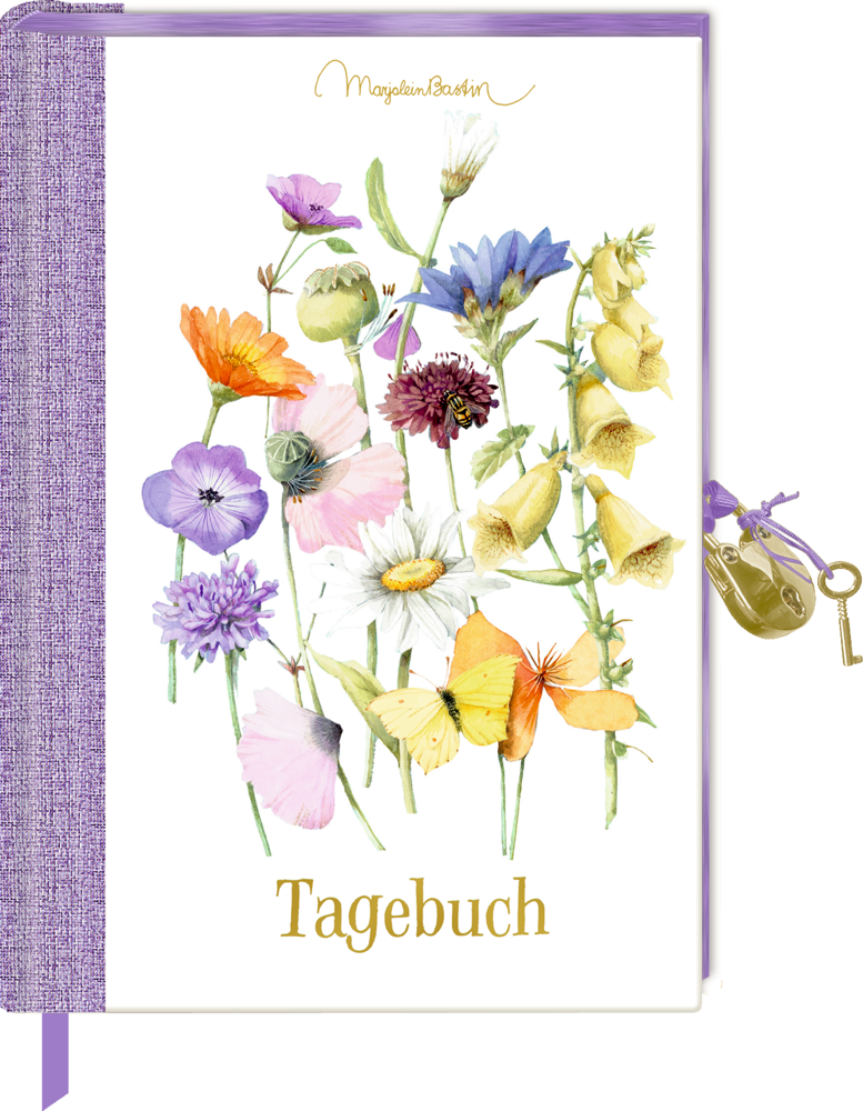 Ein Tagebuch mit violettem Rücken, goldenem „Tagebuch“ auf dem Einband und bunten Wildblumen.