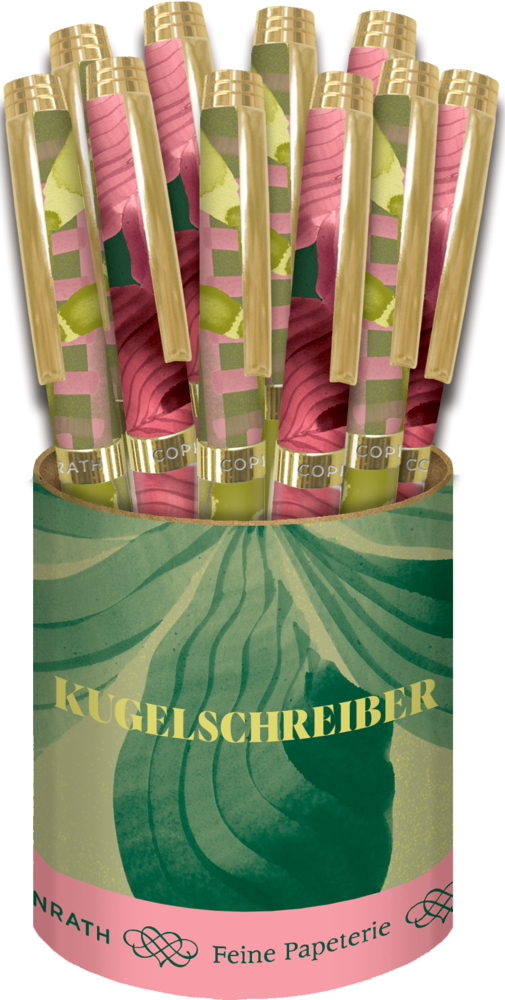 Becher mit mehreren Kugelschreibern in gold-grün-rosa gemustertem Design.