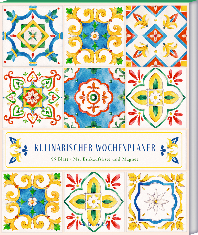 Bunter Wochenplaner mit neunteiligem Muster aus floralen und geometrischen Ornamenten in Blau, Gelb, Grün und Rot.