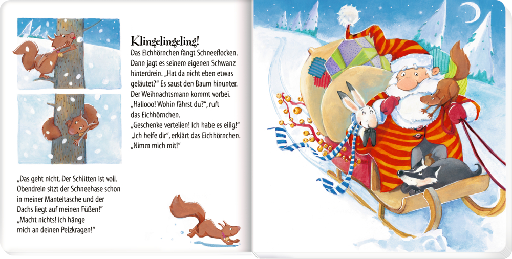 Buchinnenabbildung mit Weihnachtsmann im rot gestreiften Mantel, der mit Hase, Dachs und Eichhörnchen auf einem Schlitten durch den Schnee fährt.