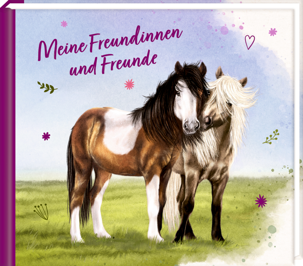 Zwei Ponys stehen dicht beieinander im Gras, darüber steht der Text „Meine Freundinnen und Freunde“.