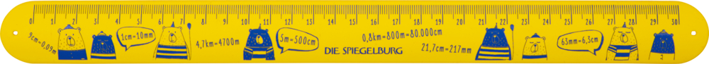 Gelbes Lineal mit runden Ecken, Cartoon-Bären in verschiedenen Outfits und mit Zentimeter-Skala von 0 bis 30.
