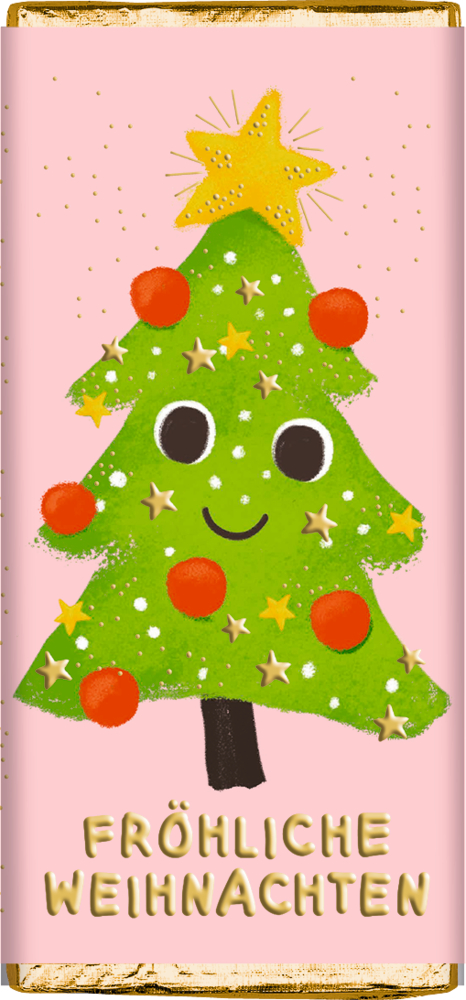 Rosa Schokoladenverpackung mit Weihnachtsbaum mit Gesicht, goldenen Sternen, roten Kugeln und dem Text „Fröhliche Weihnachten“.