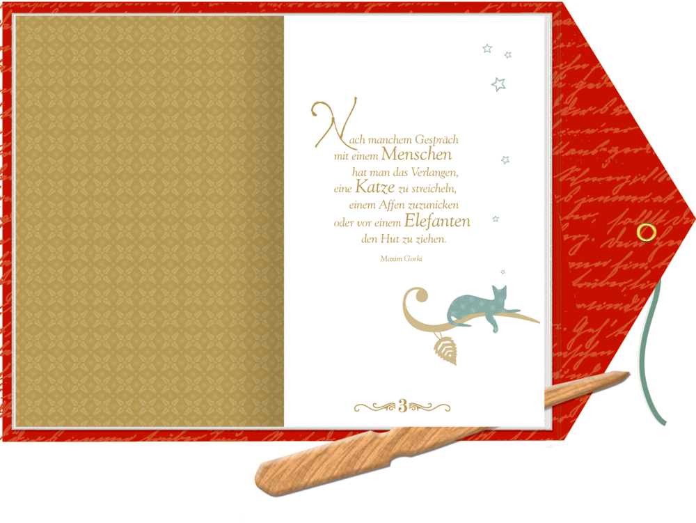 Offenes Buch mit rotem Einband, goldener Verzierung, Zitattext und gezeichneter Katze auf einem geschwungenen Ast.