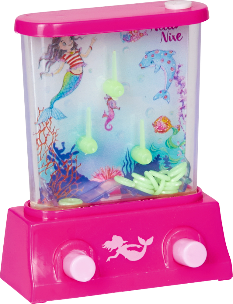 Rosa Wasserringwurfspiel mit Meerjungfrauen- und Unterwasserszene, mit zwei Steuertasten auf der Vorderseite.