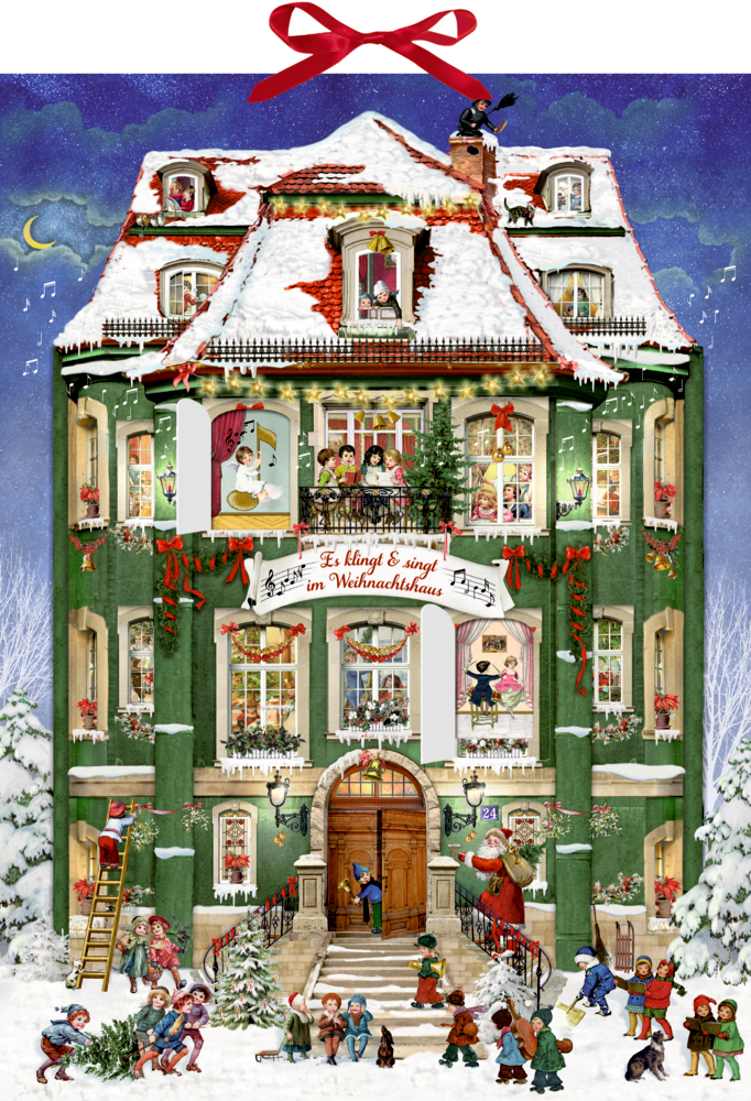 Ein verschneites, festlich weihnachtlich geschmücktes Haus mit Menschen, die drinnen und draußen singen, spielen und feiern.