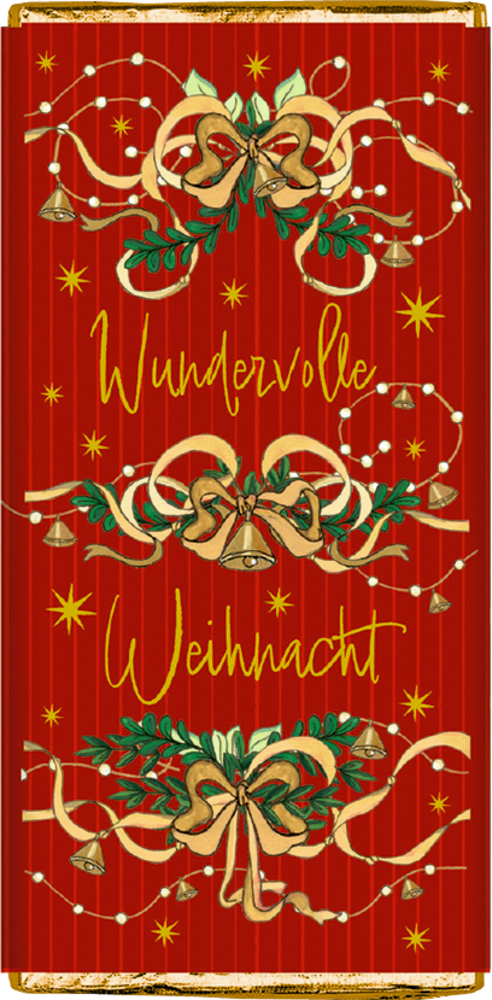 Rote Verpackung mit goldenen Schleifen, grünen Blättern, kleinen Glocken, weißen Perlen und dem Text „Wundervolle Weihnacht“.