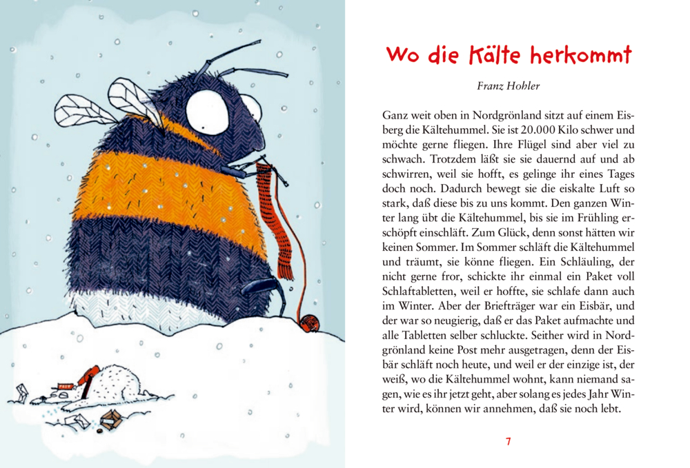 Eine große Biene in einem Schal strickt mit rotem Garn, während sie auf einem Eisberg unter einem verschneiten Himmel sitzt, auf einer Doppelseite mit Text.