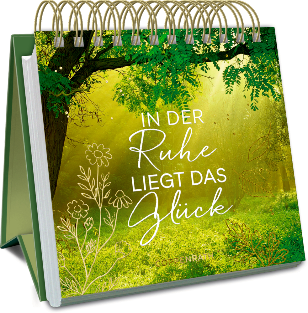 Grüner Spiralaufsteller mit Baum- und Wiesenmotiv, Aufschrift „In der Ruhe liegt das Glück“ auf der Vorderseite.