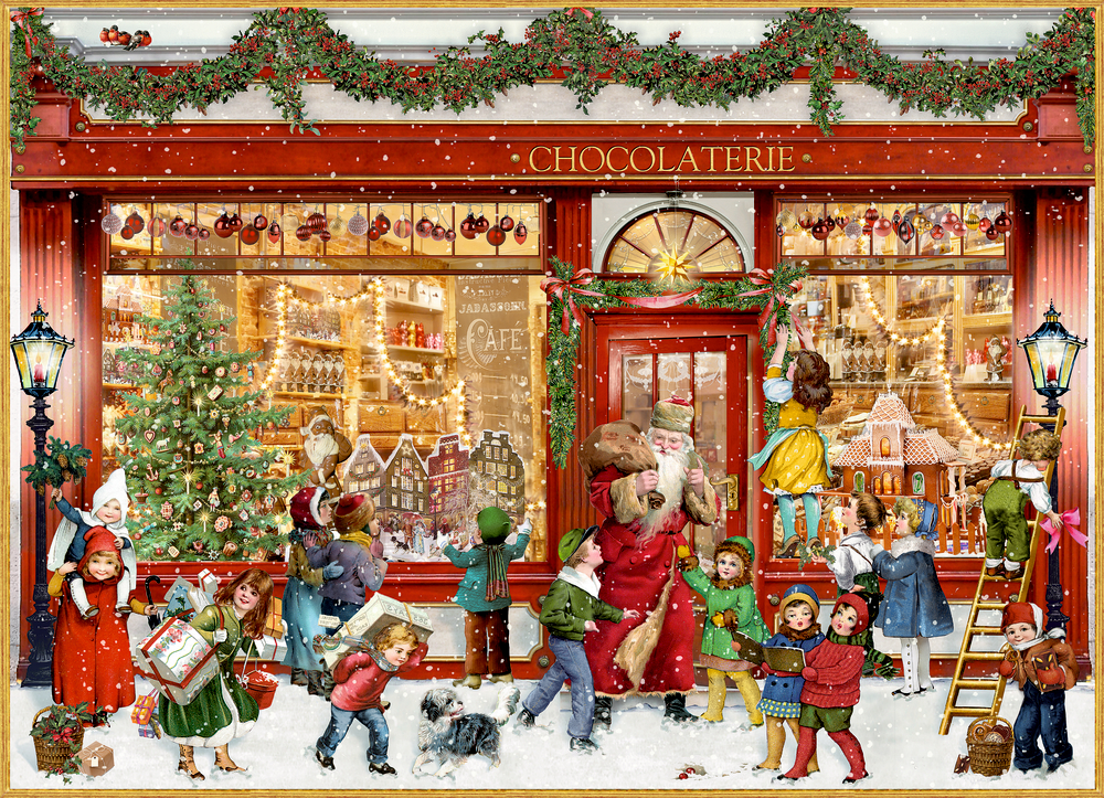 Familien versammeln sich im Winter vor einer festlich geschmückten, beleuchteten Chocolaterie.