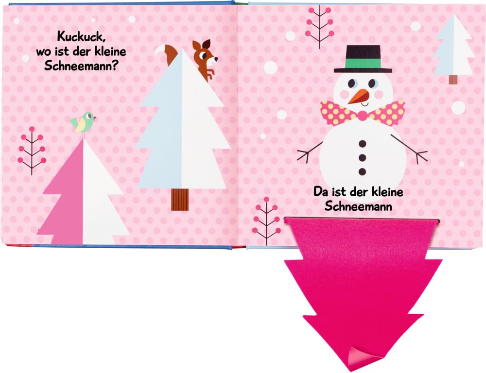 Rosa-weiße Winterlandschaft mit Schneemann, Bäumen, Vogel und einem rosa Auflklappbaum in einem Kinderbuch.