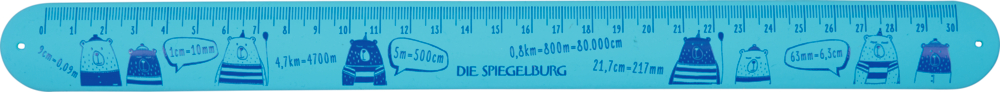 Blaues Lineal mit runden Ecken, Cartoon-Bären in verschiedenen Outfits und mit Zentimeter-Skala von 0 bis 30.