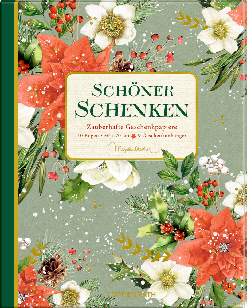 Festlicher Bucheinband mit Blumen, Beeren, Grünpflanzen und dem Schriftzug „Schöner Schenken“ auf grünem Hintergrund.