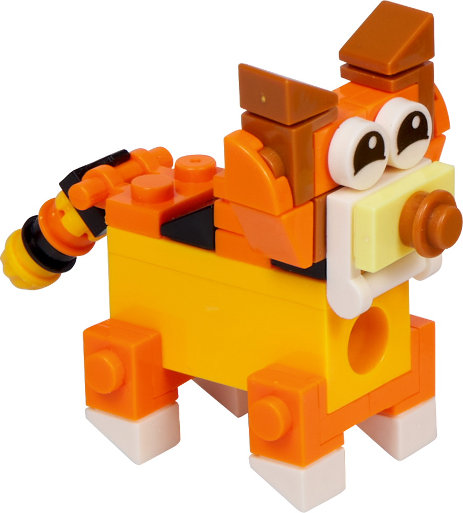 Kleine Tierfigur in Form eines Tigers aus orangefarbenen, gelben, weißen und braunen Bausteinen mit großen Augen und kleinem Schwanz.