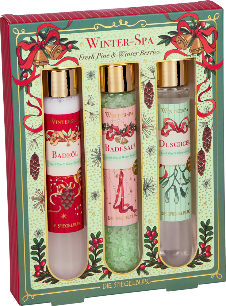 Geschenkset mit drei Glasflaschen Winterpflegeprodukten: Badeöl, grünes Badesalz und Duschgel in weihnachtlicher Verpackung.