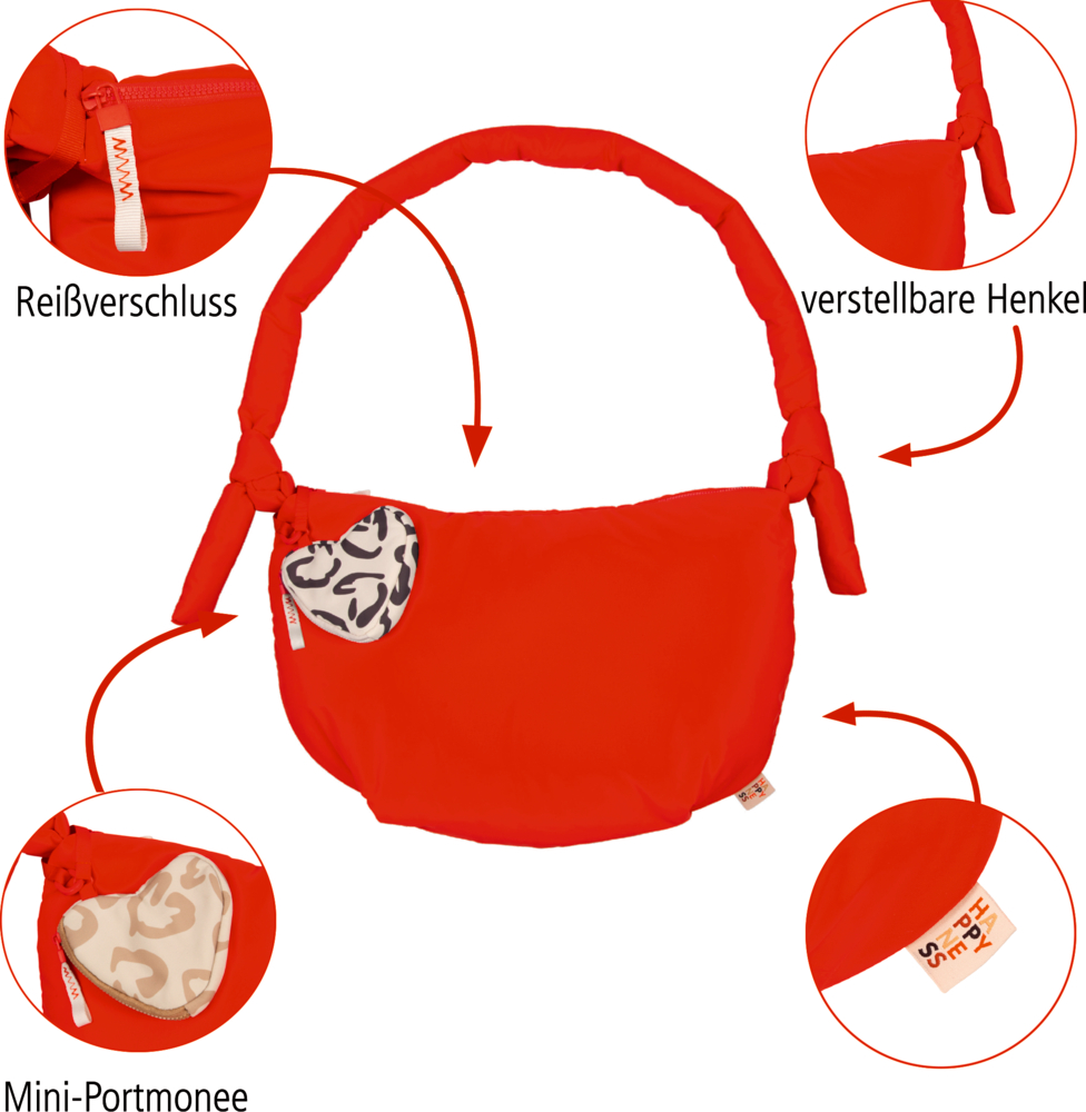 Rote Schultertasche mit verstellbarem Henkel, Reißverschluss und kleinem Herz-Mini-Portemonnaie mit Muster.
