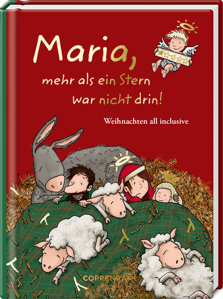 Buchcover mit gezeichneter Krippenszene, Esel, zwei Erwachsene, Baby und Schafe auf Heu vor rotem Hintergrund.