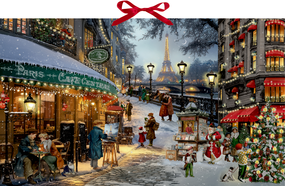 Winterliche Straßenszene in Paris mit Café, Menschen im Schnee, Weihnachtsbaum, Straßenlaternen und Eiffelturm im Hintergrund.