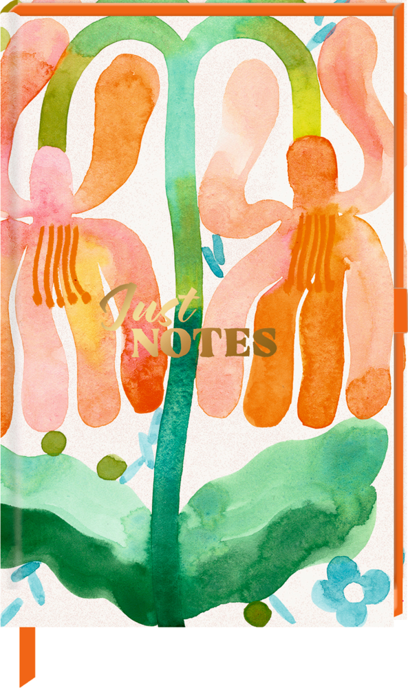 Aquarell-Illustration mit orangefarbenen Blumen und grünen Blättern, darüber Text Just NOTES.