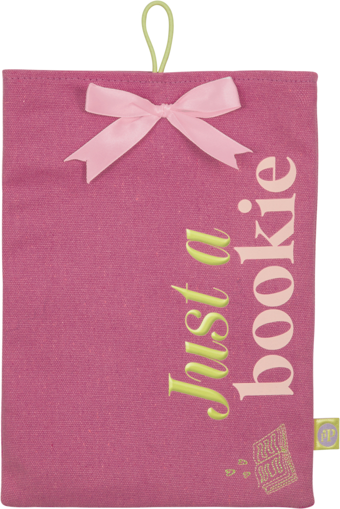 Rosa Buchhülle mit rosa Schleife und gelber Aufschrift Just a bookie.