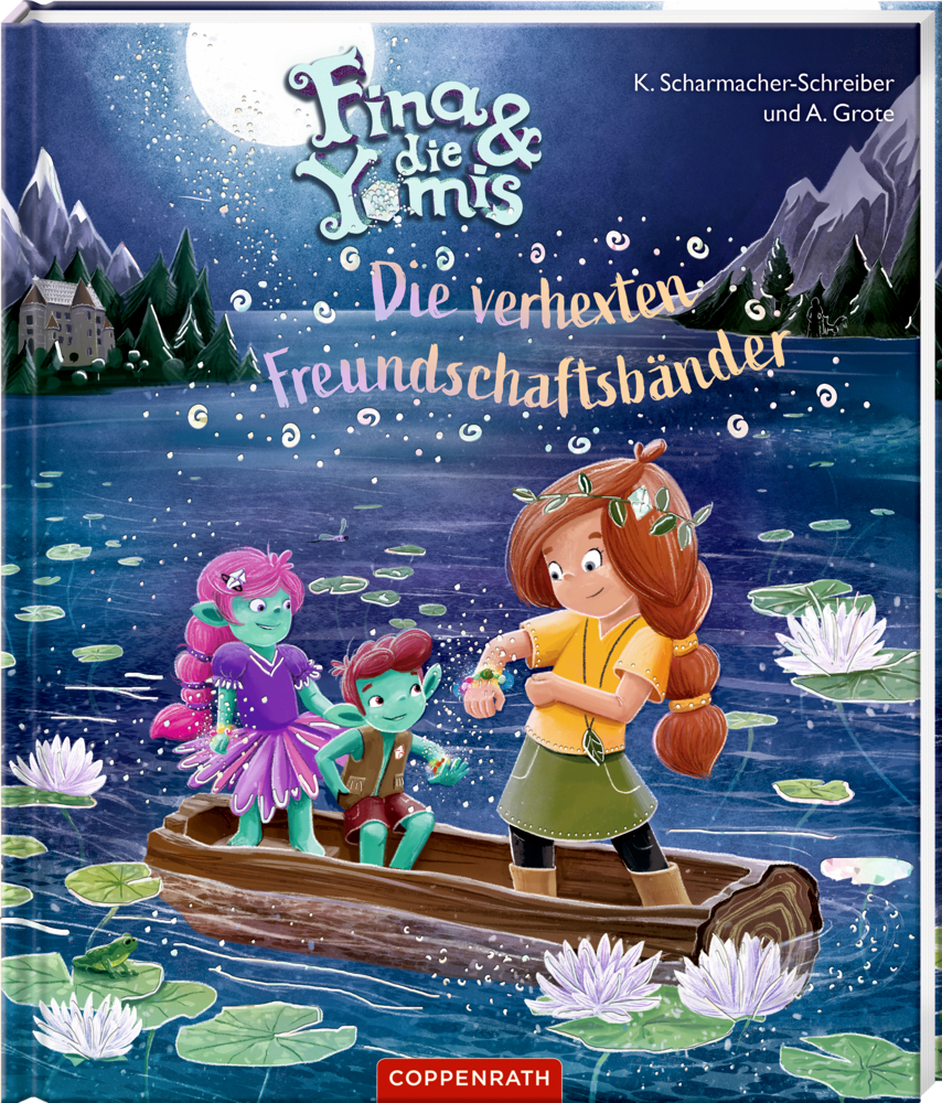 Drei magische Mädchen, zwei blau-grüne und eine braunhaarige, sitzen nachts auf einem Holzfloß umgeben von Wasserlilien.