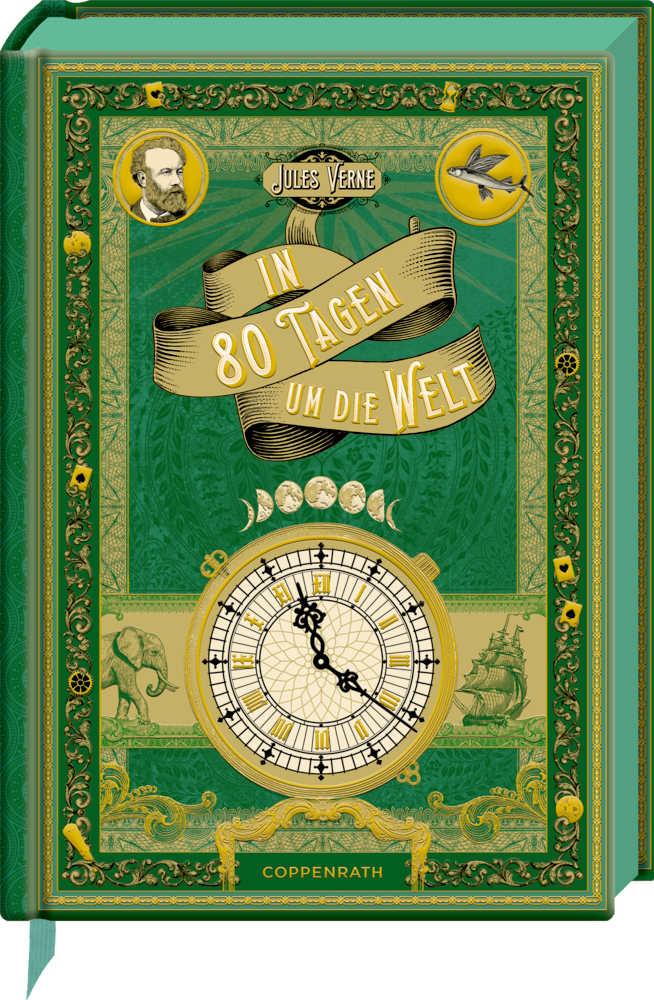 Grün-goldener Einband „In 80 Tagen um die Welt“ mit Uhr, Globus und kunstvollen Verzierungen.
