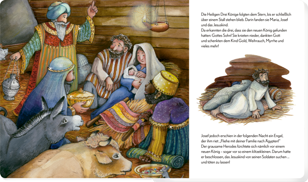 Buchinnenabbildung mit Text und Illustration, wie drei Weise vor Maria mit  Geschenken knien, dazu Josef mit dem Jesuskind in einer Krippe,  Esel und Ochse.