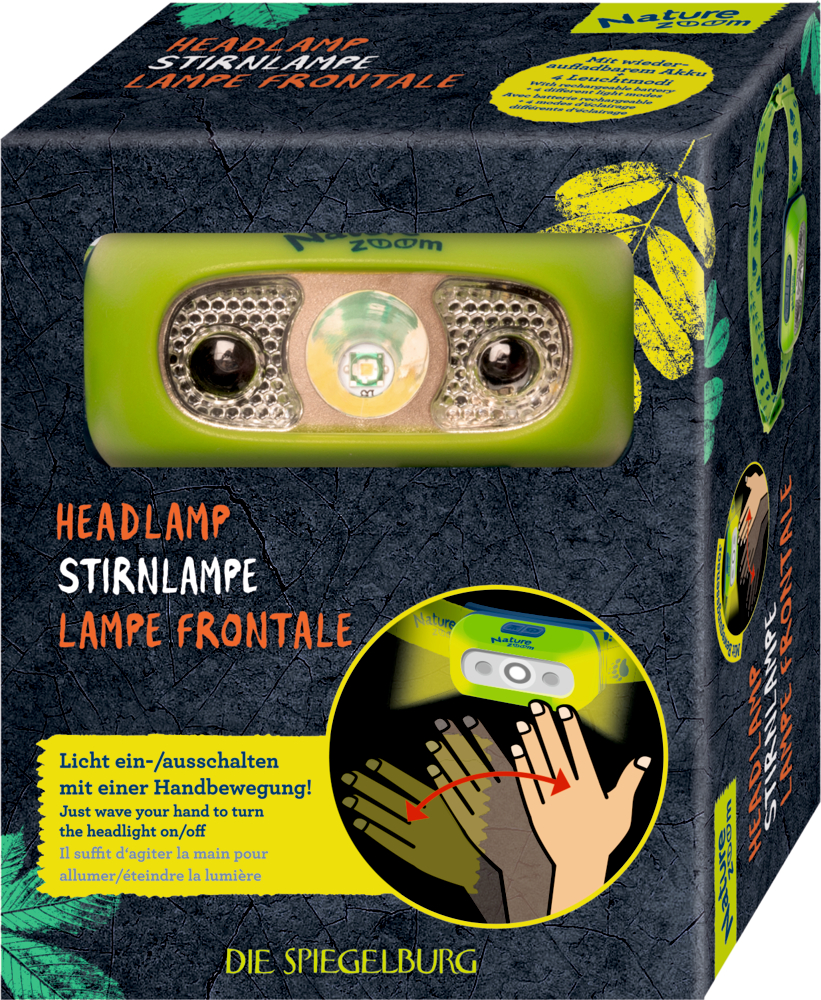 Stirnlampe in einer dunkelgrauen Pappbox mit Sichtfenster.