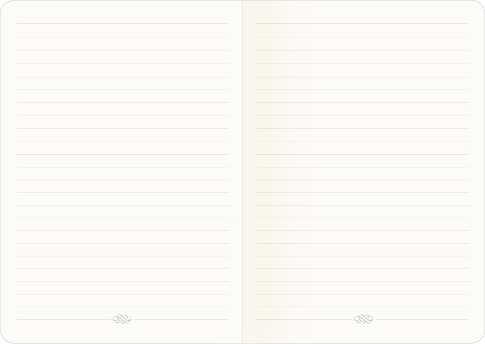 Offenes, liniertes Notizbuch mit hellbeigen Seiten. Unten auf jeder Seite ein kleines dekoratives Symbol.