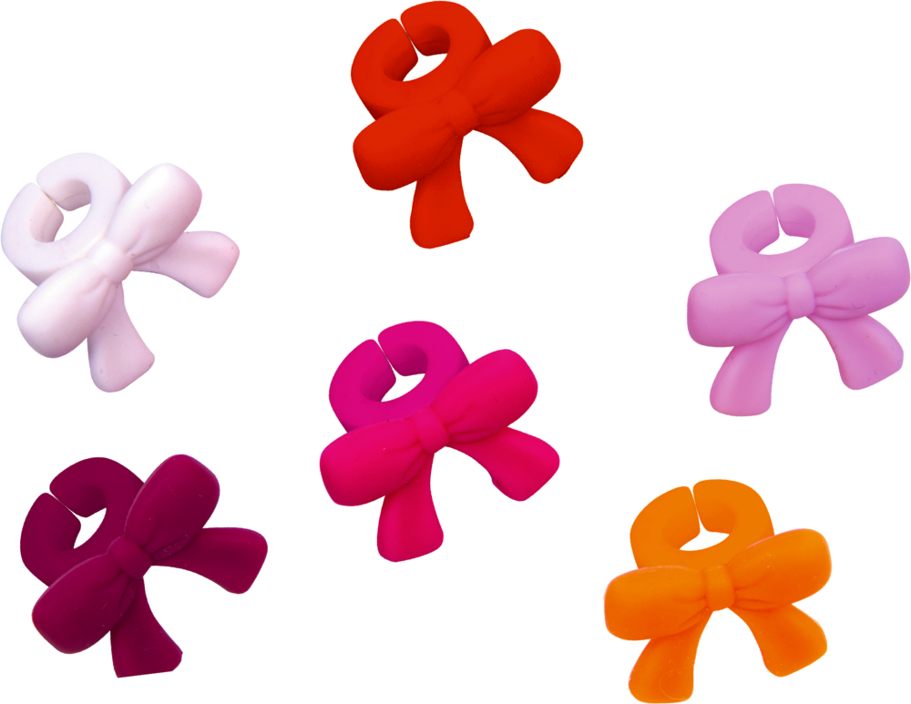 Sechs Schleifenringe aus Silikon in Weiß, Rot, Rosa, Pink, Violett und Orange.