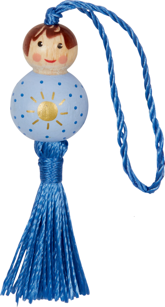 Kleine Holzperlenpuppe mit bemaltem Gesicht, blauem Körper mit Sonnenmotiv und einer blauen Quaste und Schlaufe zum Aufhängen.