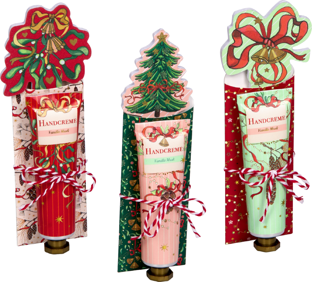 Drei Tuben Handcreme in weihnachtlicher Verpackung mit einer Nagelfeile mit den Motiven Mistelzweig, Tannenbaum und Glocke.