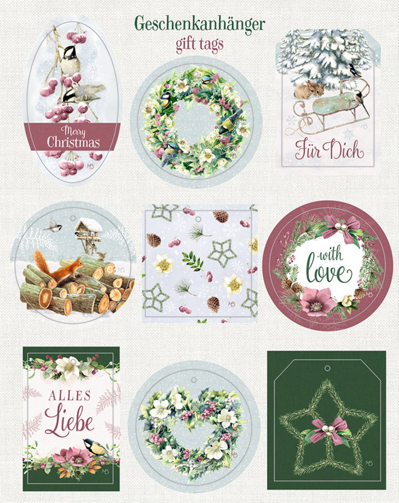 Neun weihnachtliche Geschenkanhänger mit Tiermotiven, Kränzen, Sternen und Schriftzügen in winterlichen Farben.