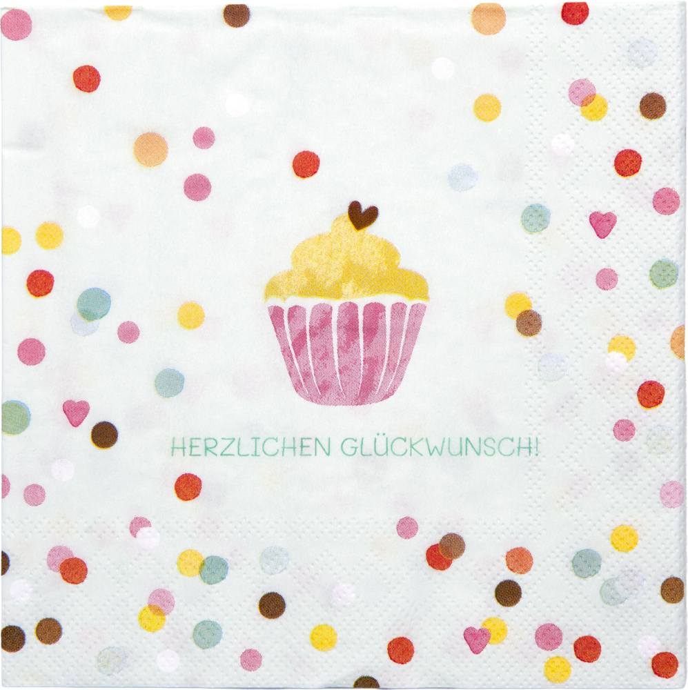 Serviettenmotiv mit gelbem Cupcake in rosa Förmchen, Schriftzug „Herzlichen Glückwunsch!“ und buntem Konfettimuster.