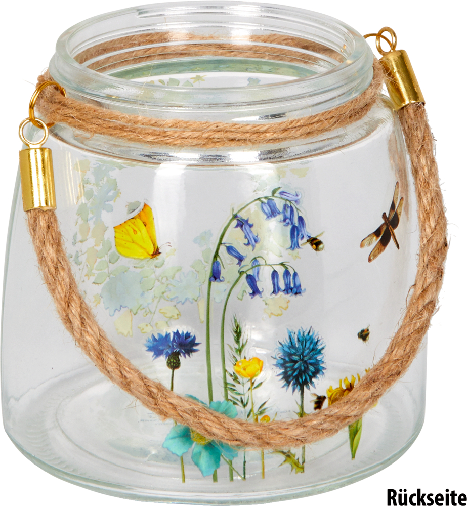 Glasgefäß mit Seilgriff, verziert mit Blumen-, Schmetterlings-, Bienen- und Libellenillustrationen.