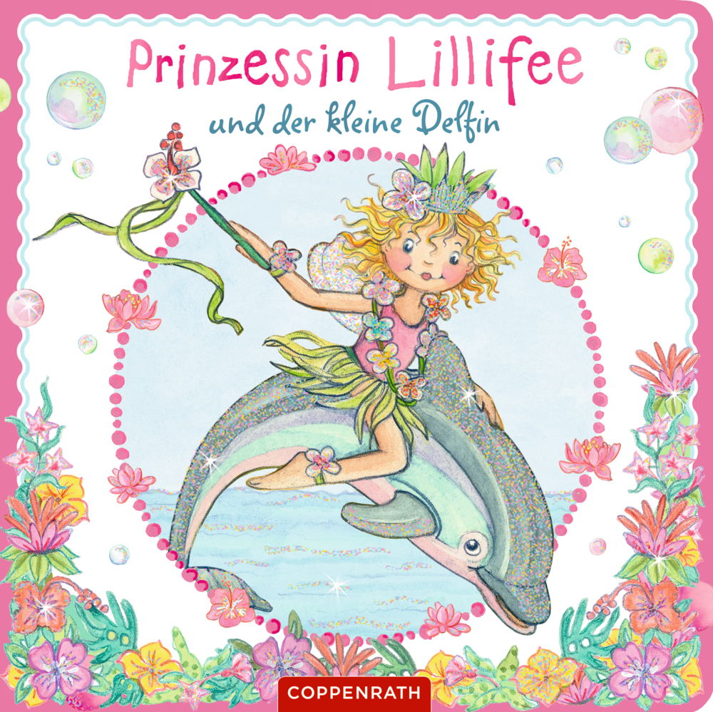 Märchenprinzessin reitet auf einem Delphin im Ozean, umgeben von bunten Blumen, auf dem Cover von „Prinzessin Lillifee und der kleine Delfin“