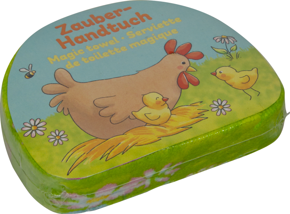 Buntes Handtuch mit Hennen und Küken auf einer Wiese, darunter eine kompakte Version mit Text.