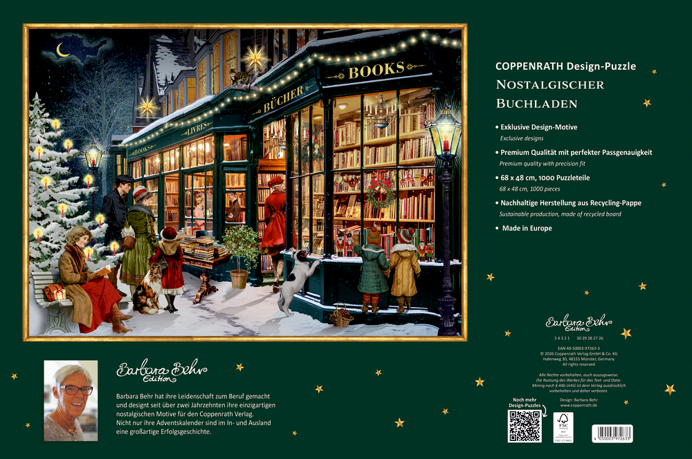Weihnachtlich geschmückter Buchladen mit Menschen, Kindern und Hunden im Schnee vor erleuchteten Fenstern.