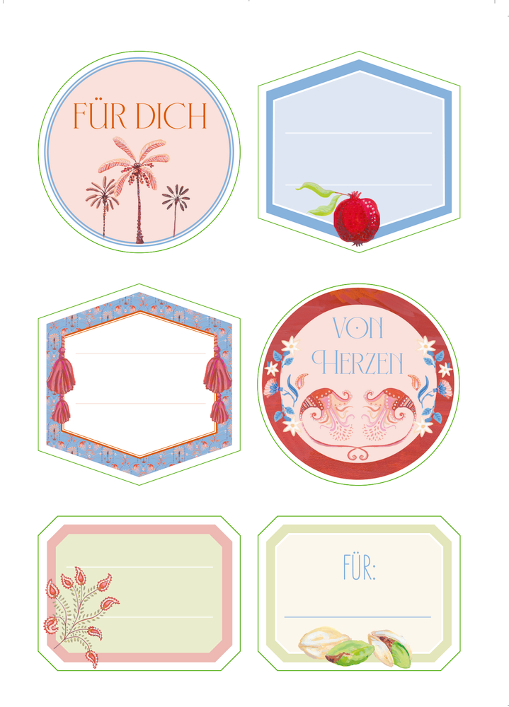 Sechs dekorative Küchenetiketten mit floralen Motiven und Textfeldern, teils mit Aufschriften „FÜR DICH“, „VON HERZEN“ und „FÜR:“.