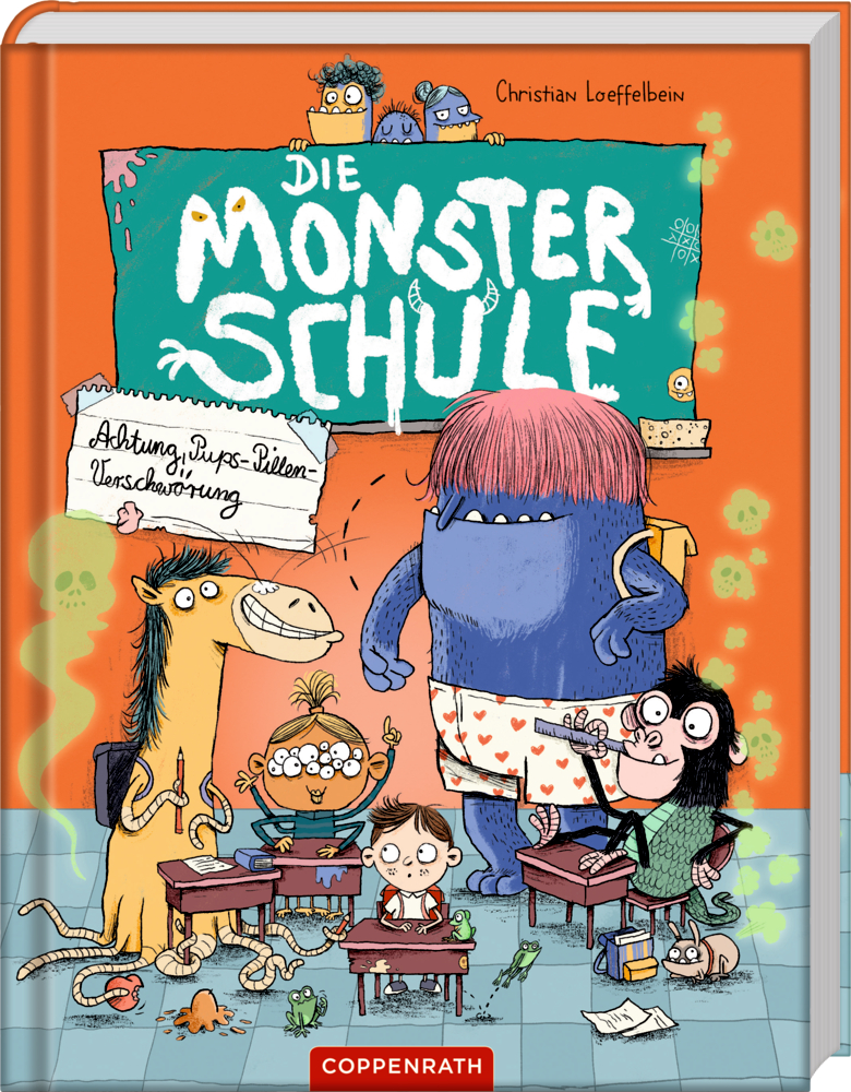 Ein Junge sitzt nervös im Klassenzimmer, umgeben von freundlichen Monstern und einem gelben Pferd.